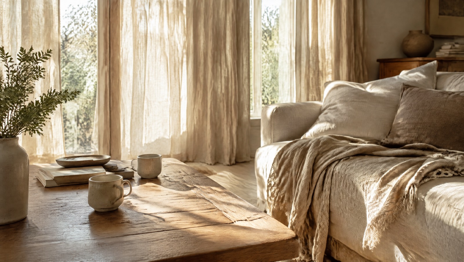 A calm sunlit living room with natural linen and ceramics